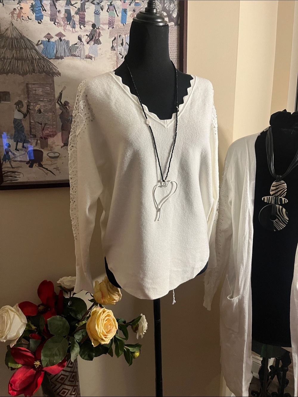 White V-Neck Lace Sleeve Women's Sweater